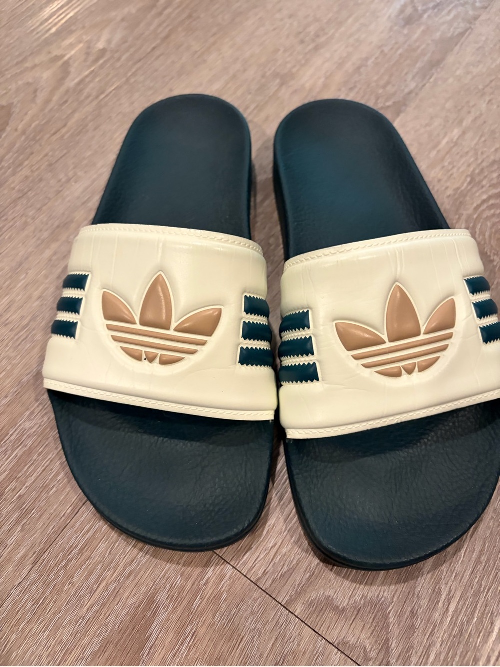 adidas Cream Strap Slides with Dark Green Footbed